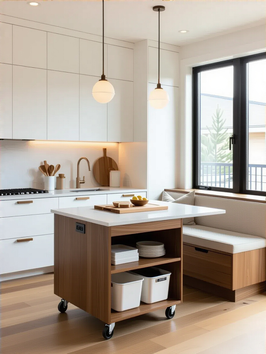 Portrait of a compact kitchen with multifunctional zones for prep and dining