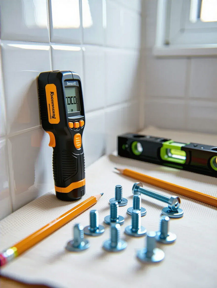 Tools and equipment for securely installing bathroom shelving, including a stud finder, various anchors, and a level on a tiled wall.