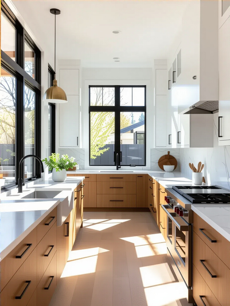 Modern kitchen with tall cabinetry and bright natural light, no people