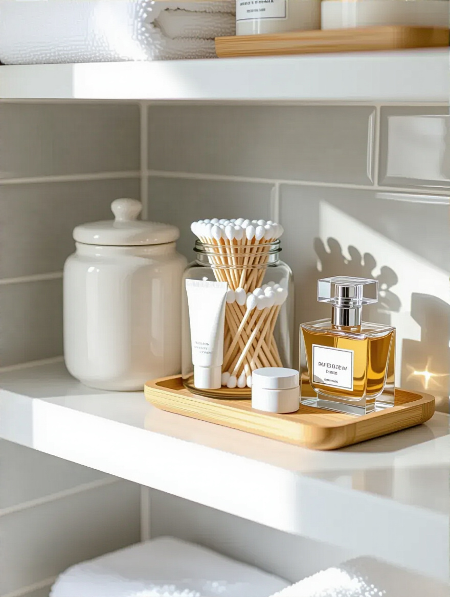 Close-up of elegant ceramic and glass bathroom storage containers on a floating shelf, holding toiletries like cotton balls and Q-tips, with a bamboo tray for hand cream. Modern and organized bathroom aesthetic.