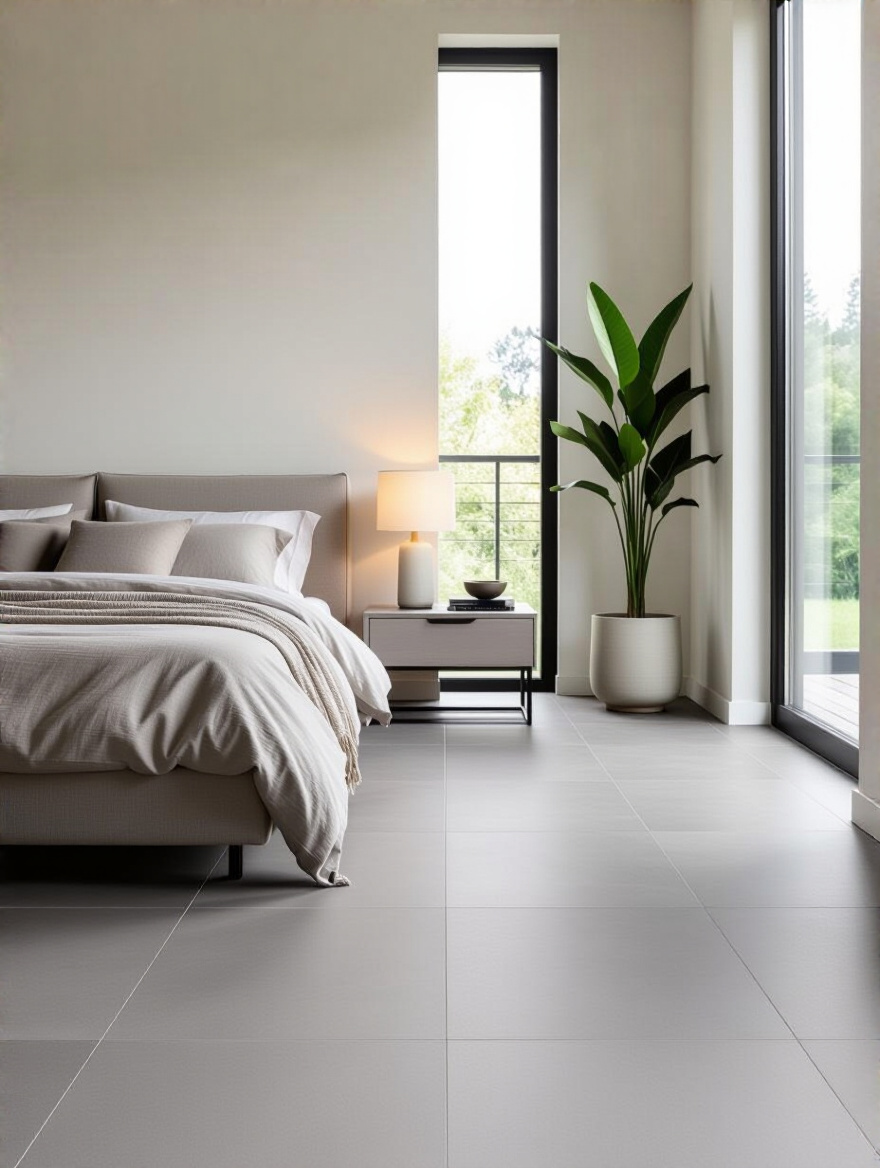 A modern bedroom featuring durable, low-maintenance flooring like large-format grey porcelain tiles or wide-plank engineered wood, showcasing a sleek, polished base for the room's design.
