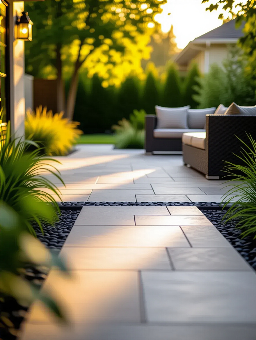 Close-up of a backyard patio featuring durable and aesthetically pleasing paving materials, with detailed textures and patterns of stone and concrete pavers under golden hour light.