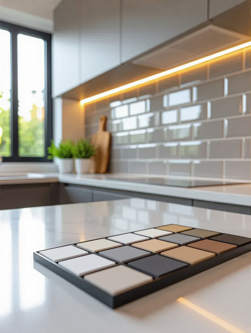 Portrait view of grout color options for modern kitchen backsplash