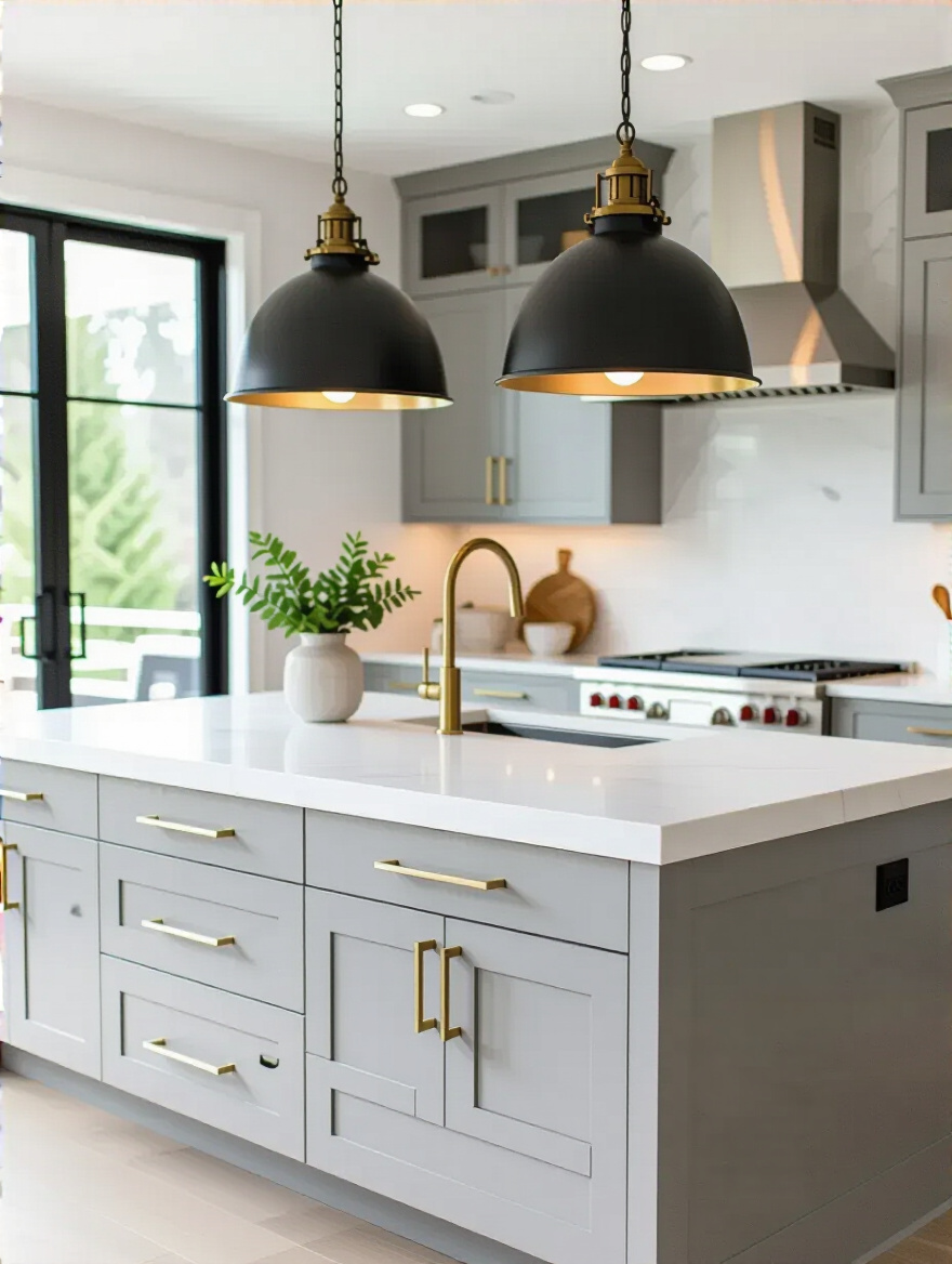Modern kitchen with matte black pendant lights and brass cabinet pulls, highlighting statement fixtures and hardware for visual impact.