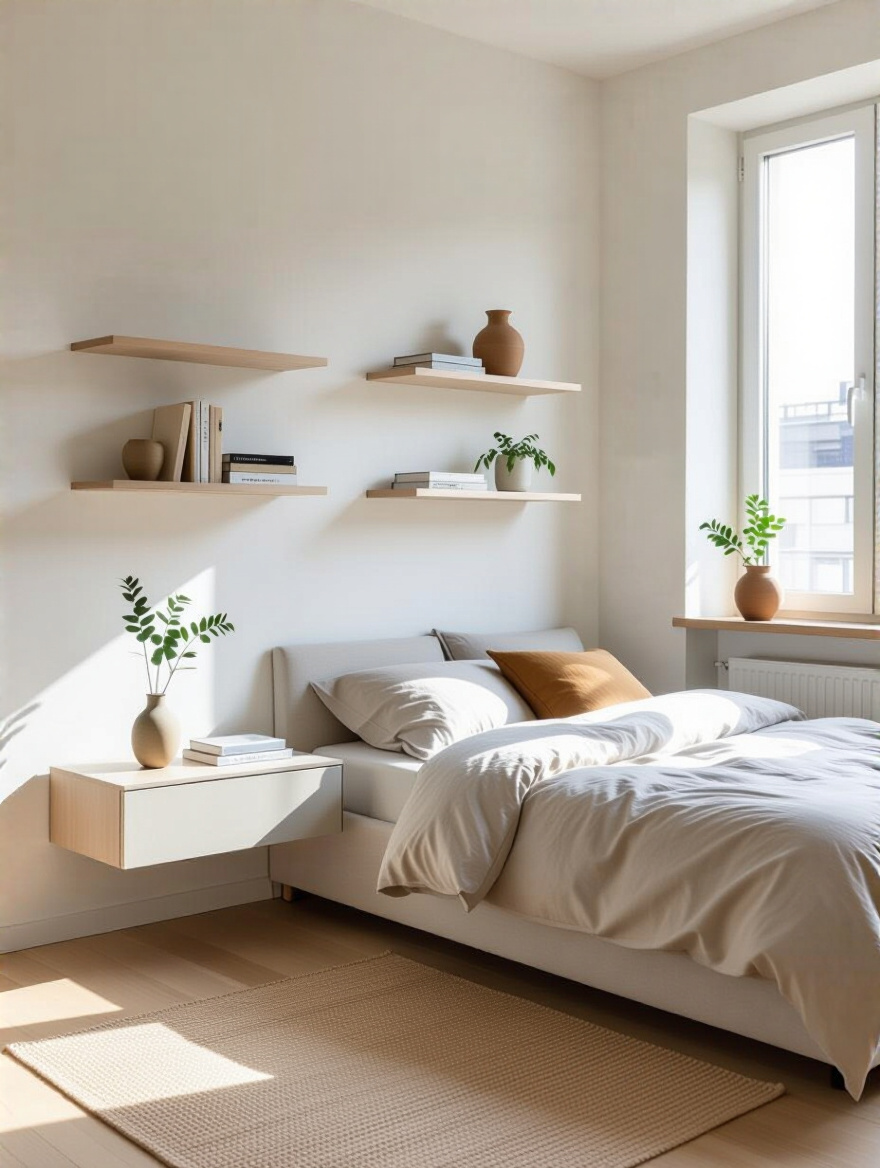 Stylish wall-mounted floating shelves above a bedside table in a small apartment bedroom, demonstrating effective use of vertical space to free up floor area and reduce clutter.