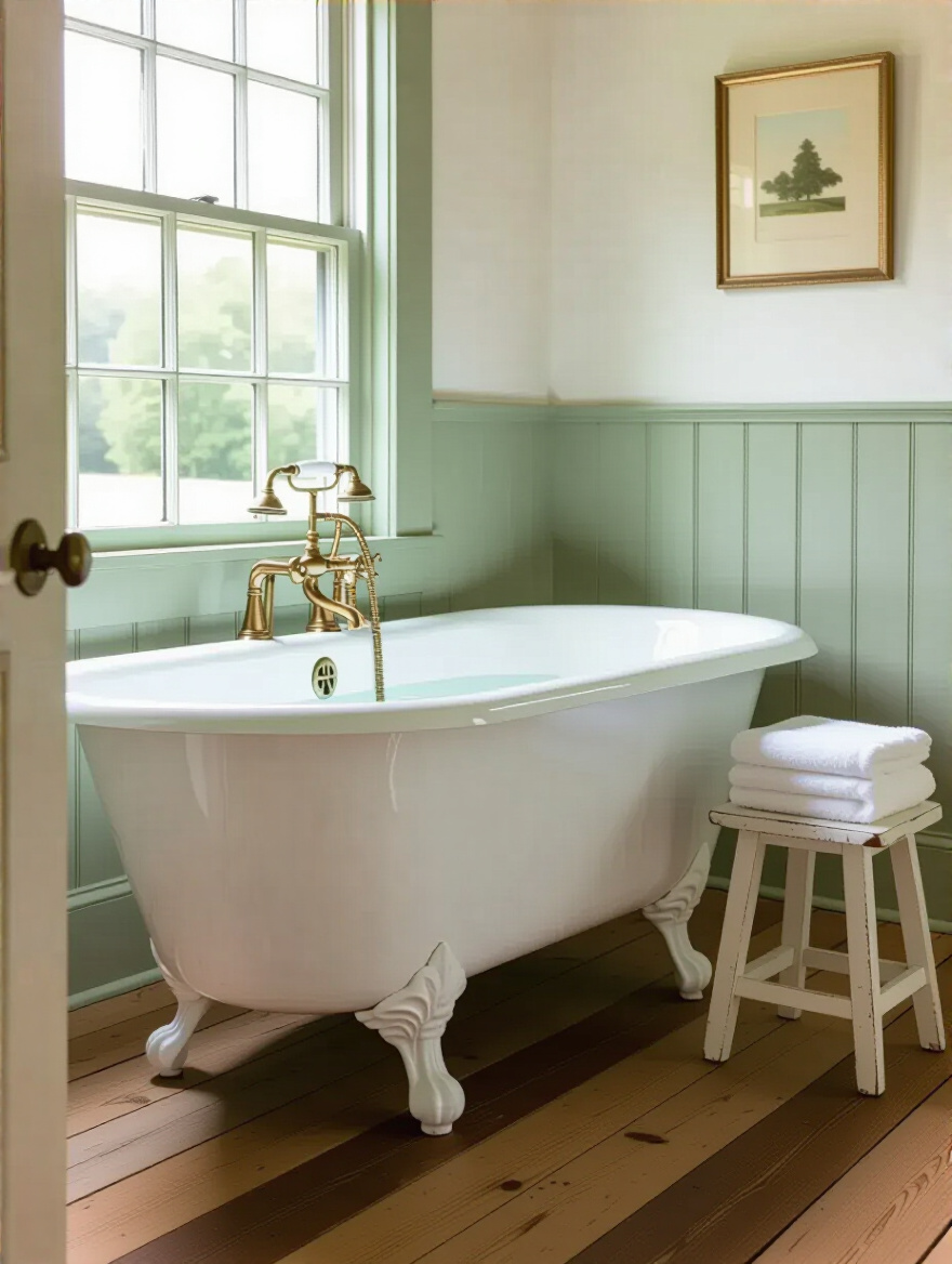 Elegant white clawfoot tub as the centerpiece in a rustic farmhouse bathroom with wood floors, sage green shiplap, and brass fixtures.