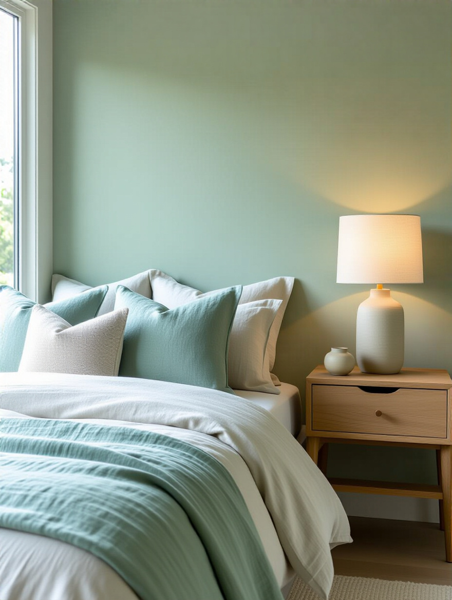 Modern bedroom with a cohesive and calming color palette, featuring soft sage green walls, off-white linen bedding, and dusty blue accents, enhancing serenity and relaxation.