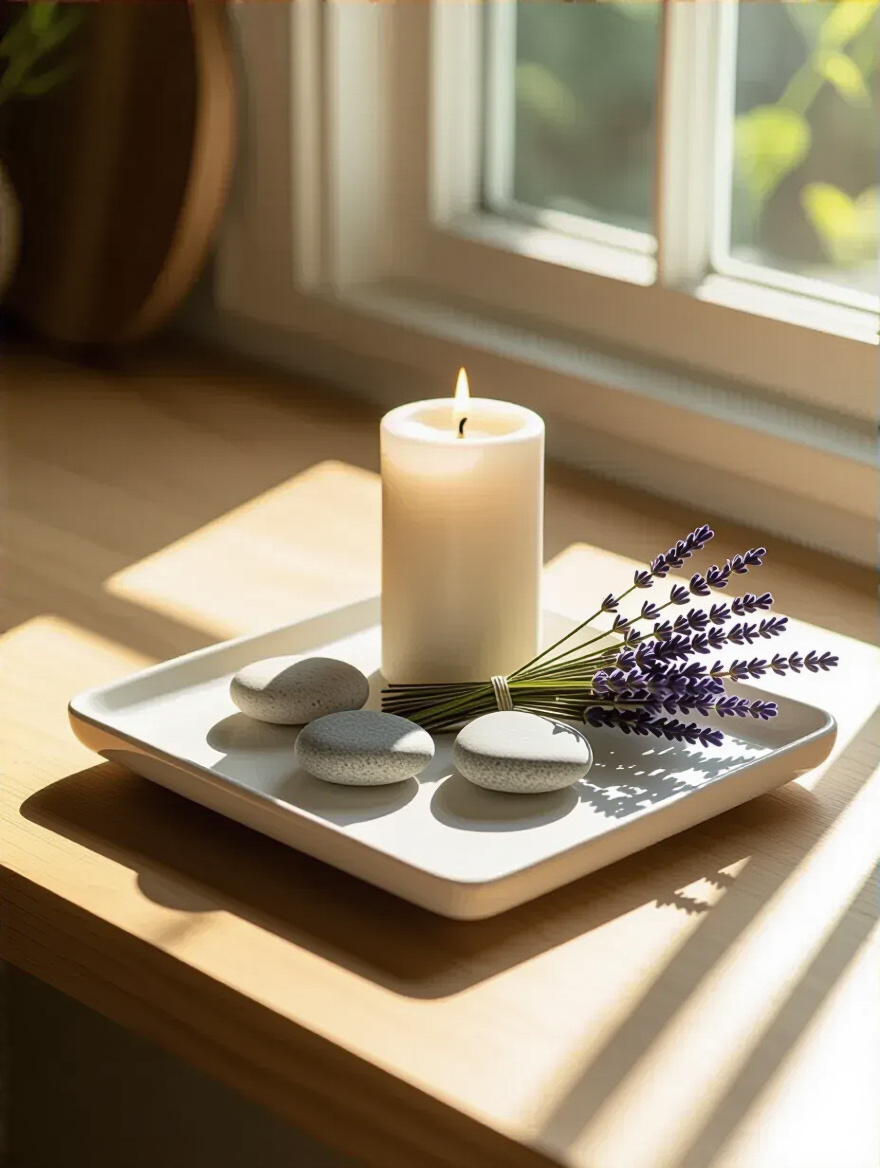 A white ceramic foundational tray centerpiece with river stones, dried lavender, and a pillar candle on a light wooden kitchen table, showcasing unified decor.
