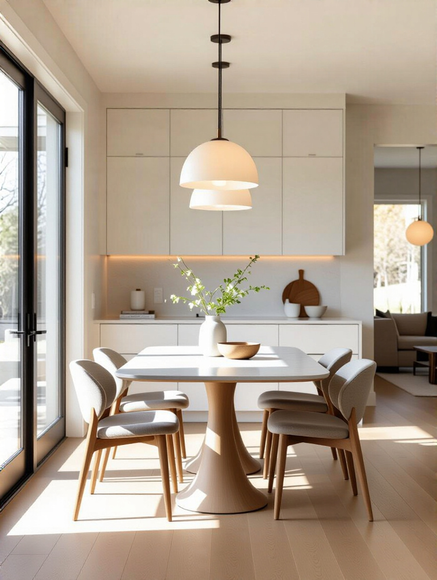 Vertical interior photo of a modern kitchen-dining area showing a rectangular table and open room flow