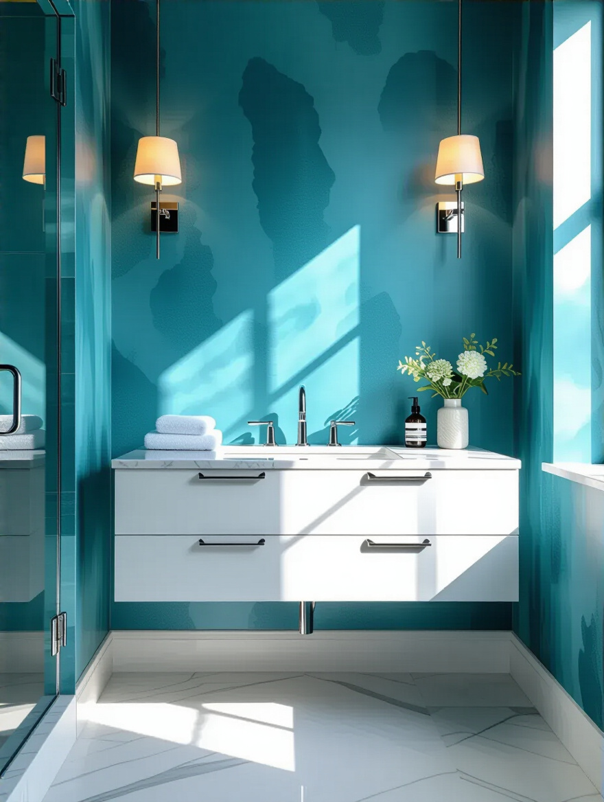 Portrait bathroom wallpaper display in blue tones with teal, navy, aqua and sky blue shades.