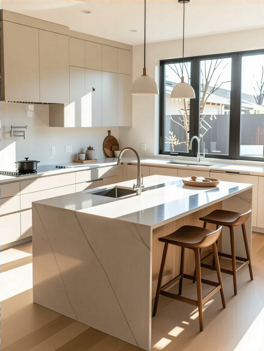Modern kitchen island configured for multi-functional use, featuring an integrated prep sink, induction cooktop, breakfast bar with seating, and sleek storage drawers, set in a brightly lit contemporary kitchen.