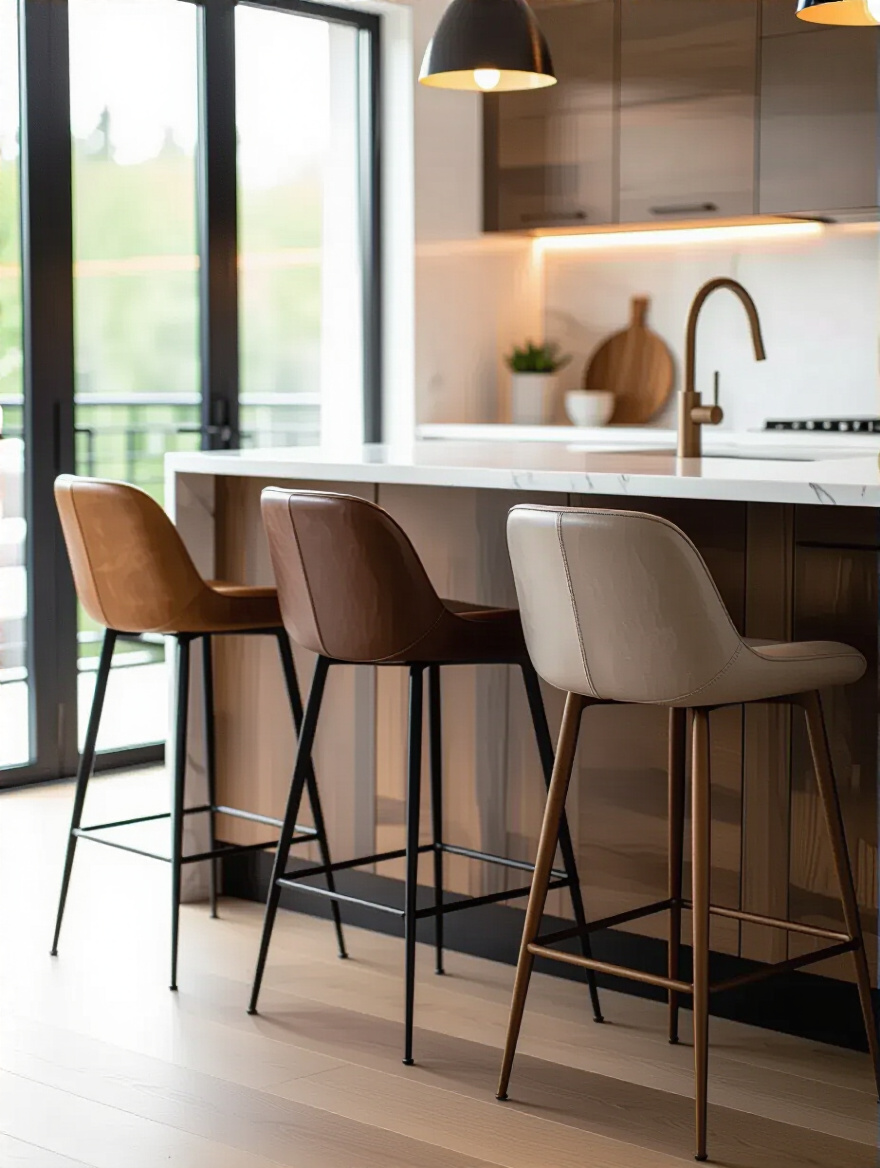 Elegant kitchen island with three stylish, ergonomic bar stools, featuring modern design elements and warm natural lighting.
