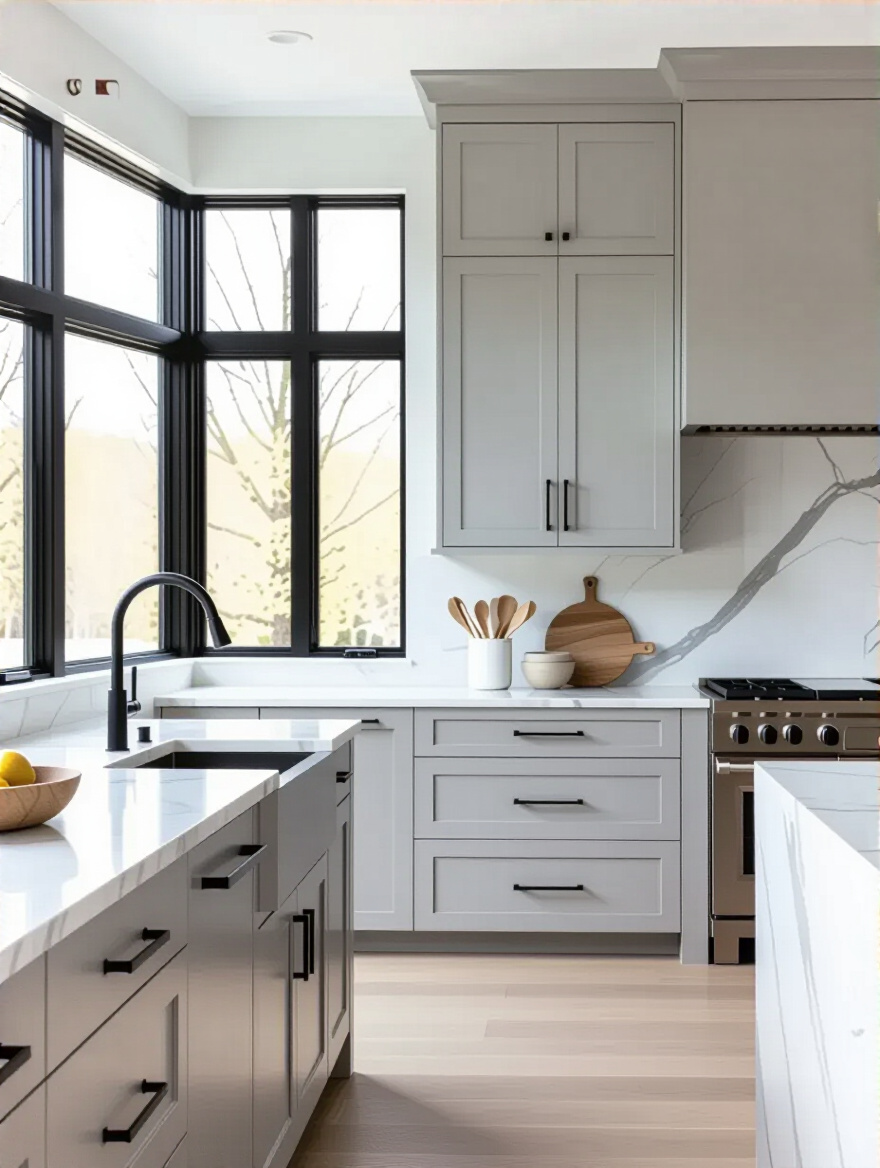 Modern light grey kitchen cabinets with matte black hardware, showcasing contemporary cabinetry styles and finishes that enhance kitchen appeal.
