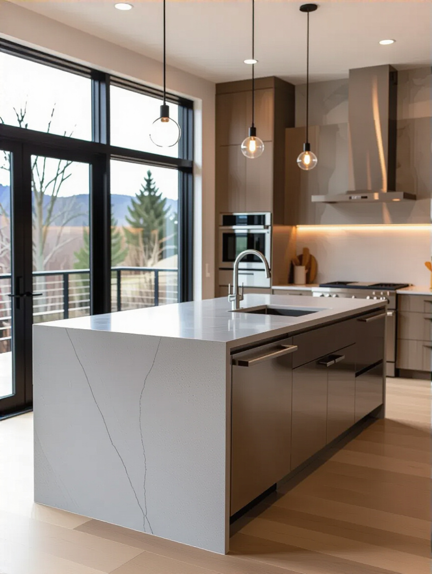 Portrait of quartz, concrete, and stainless steel countertops in a modern kitchen