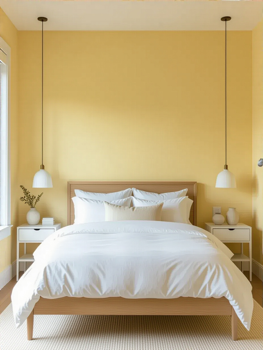 A serene yellow bedroom featuring a light natural oak bed frame, white minimalist nightstands, and soft butter yellow walls, demonstrating how neutral furniture anchors a vibrant scheme.