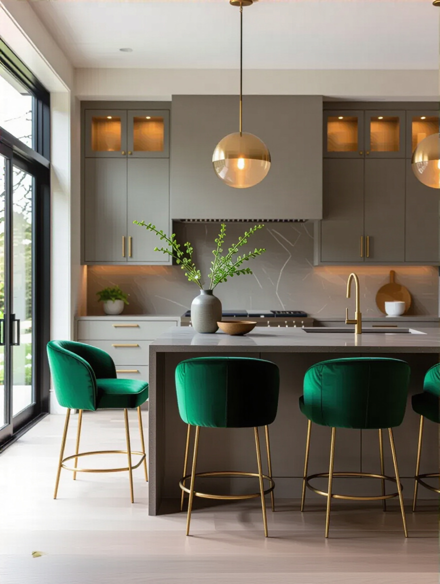 Modern kitchen island with bold statement seating and sculptural chairs in a contemporary dining nook.