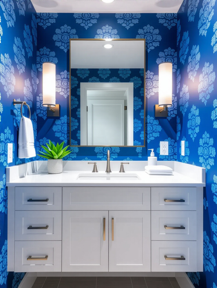 Portrait view of a modern bathroom with blue wallpaper and clean vanity