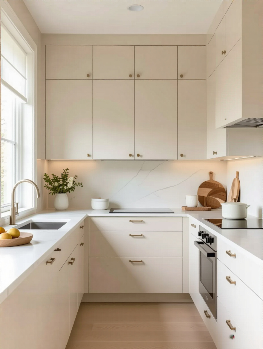 Portrait of a bright, compact kitchen with light cabinetry and pale walls