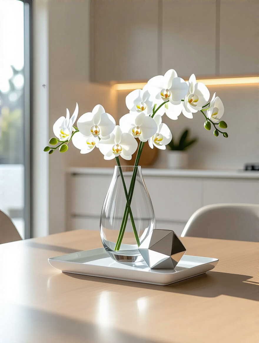 Modern kitchen table centerpiece featuring a sleek glass vase with faux orchids and a polished silver sculpture on a white ceramic tray, all made of easy-to-clean materials in a bright, minimalist setting.