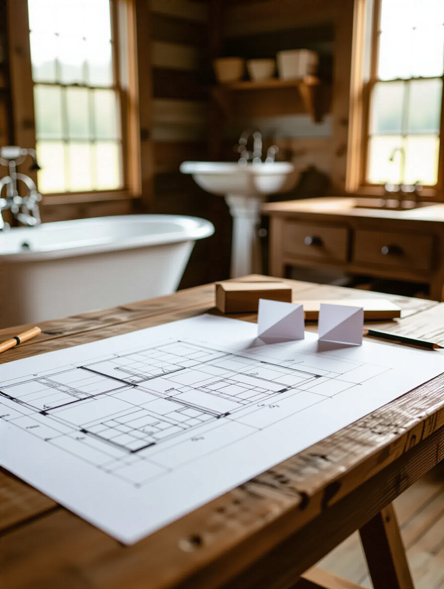 Top-down view of graph paper with pencil sketches of a farmhouse bathroom floor plan, featuring scaled cutouts of fixtures like a clawfoot tub and pedestal sink being arranged on a rustic drafting table, in a naturally lit setting.