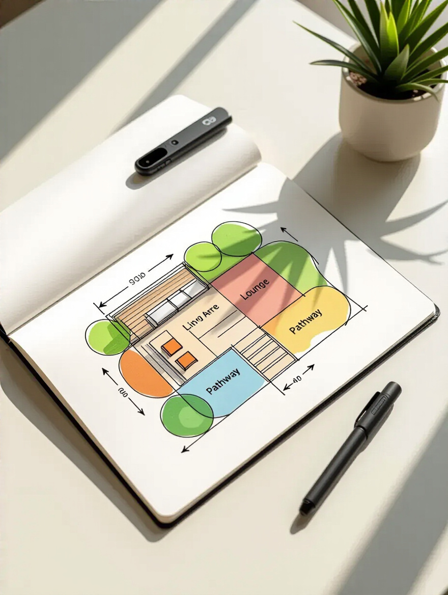 Conceptual sketch of a patio layout design on an open notebook, showing distinct zones and pathways with a stylus, bathed in natural light, representing thoughtful outdoor space planning.