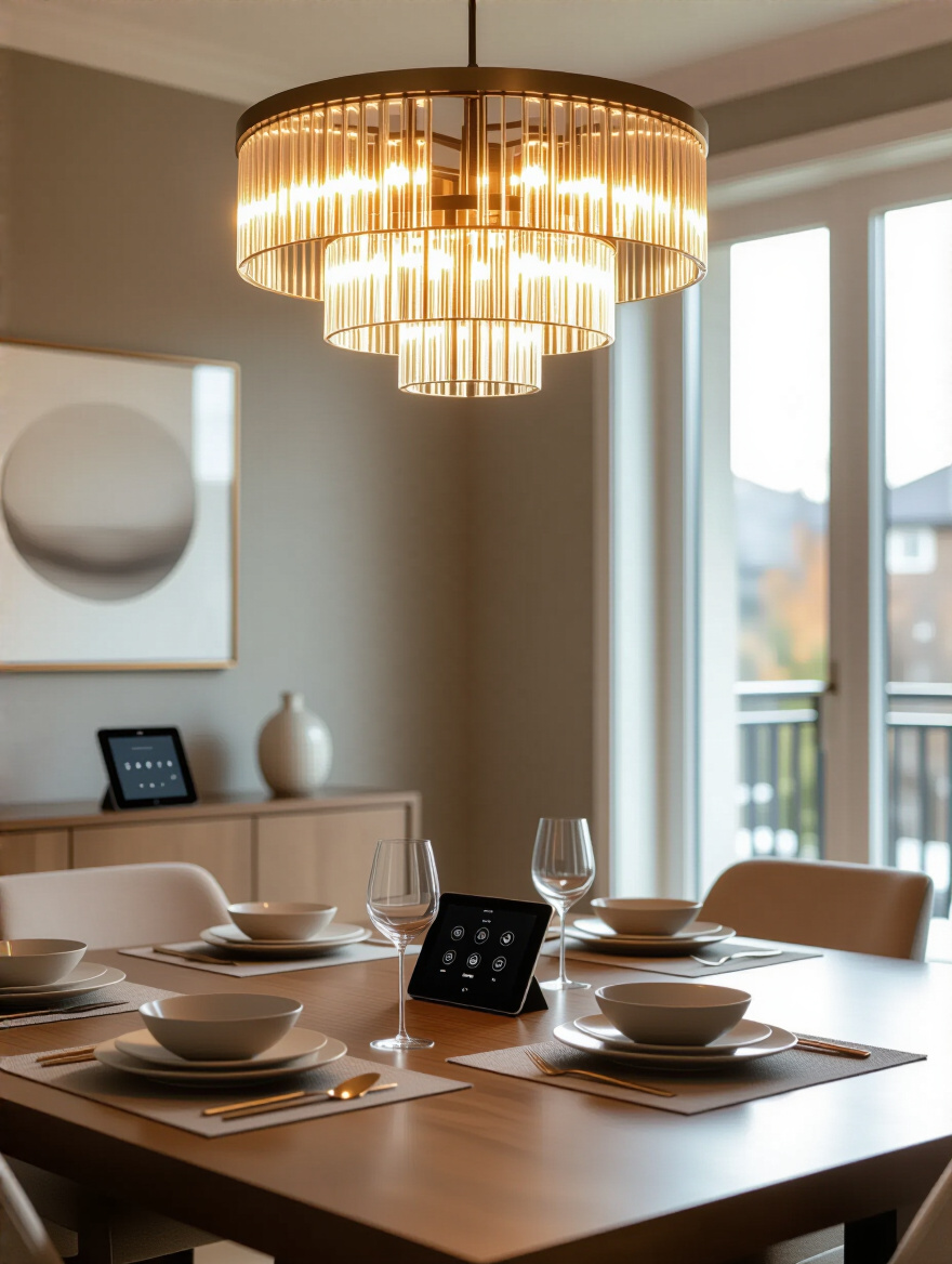 A modern dining room chandelier showcasing smart lighting with warm, dim illumination for a sophisticated and convenient ambiance.