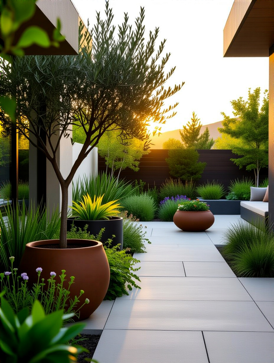 Patio with integrated planters, garden beds, and lush greenery softening concrete hardscape.