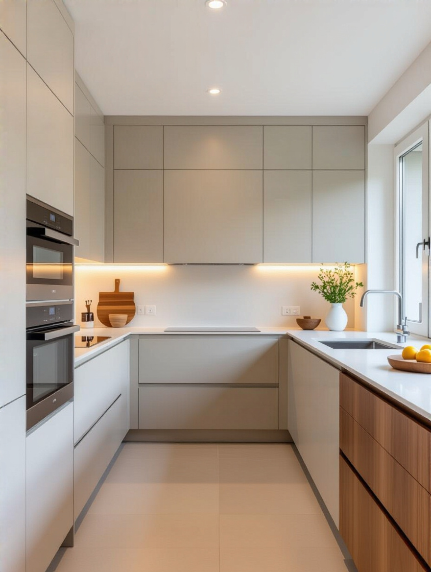 Portrait view of flat-panel handleless cabinetry in a contemporary kitchen