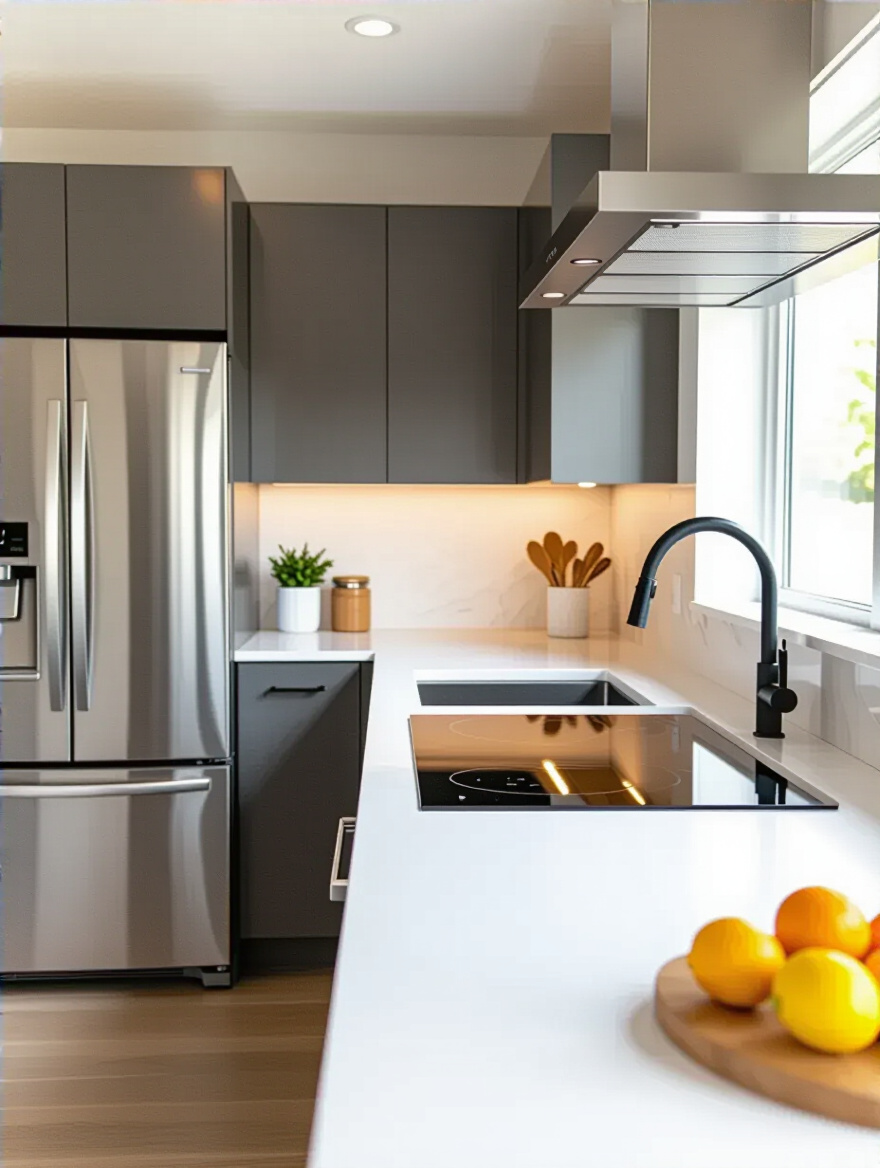 Professional photo of a modern L-shaped kitchen showing an efficient kitchen work triangle layout between the refrigerator, sink, and stove.