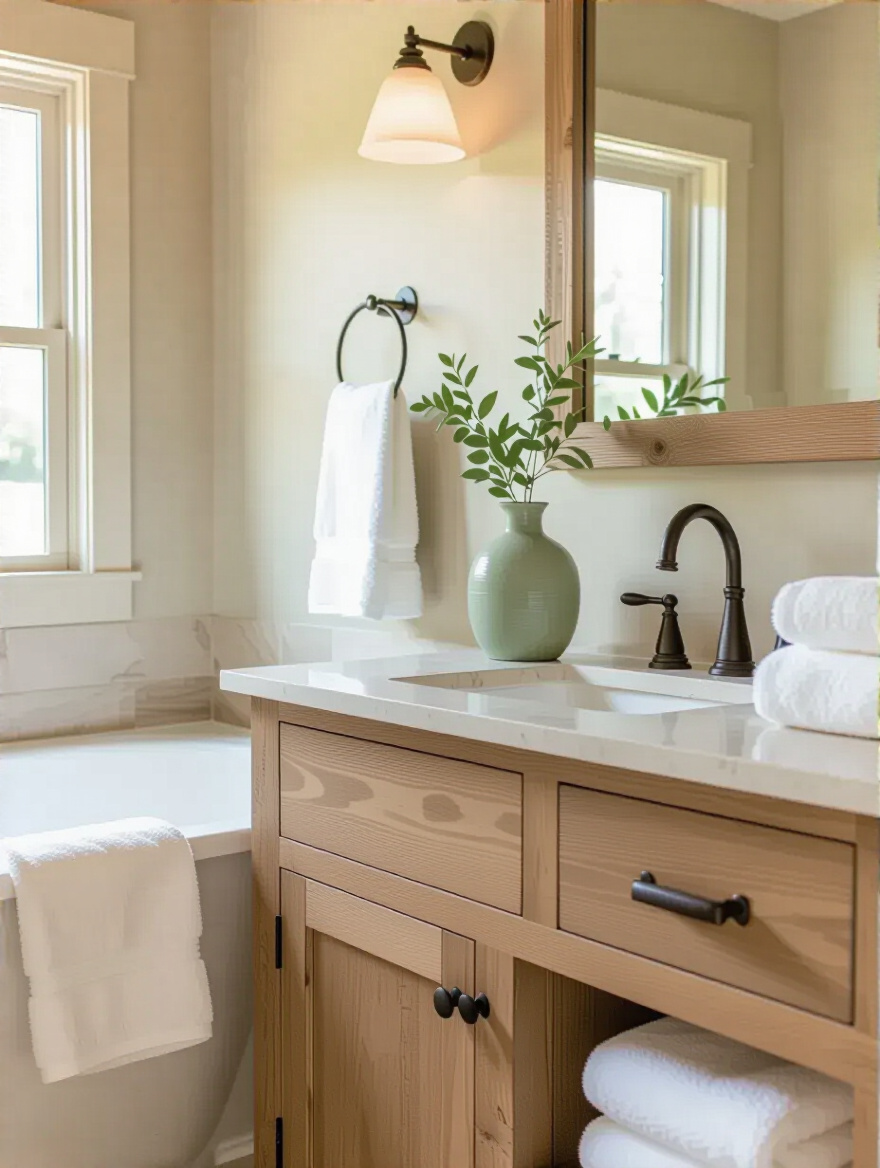 Farmhouse bathroom featuring a harmonious color palette with warm greige walls, a wooden vanity, creamy towels, and a sage green accent vase. Soft natural lighting highlights the serene and inviting atmosphere.