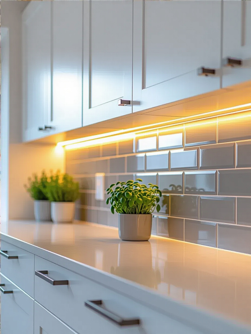Modern kitchen featuring warm under-cabinet LED strip lighting, brightly illuminating a grey subway tile backsplash and a white quartz countertop, ideal for task and ambient lighting.
