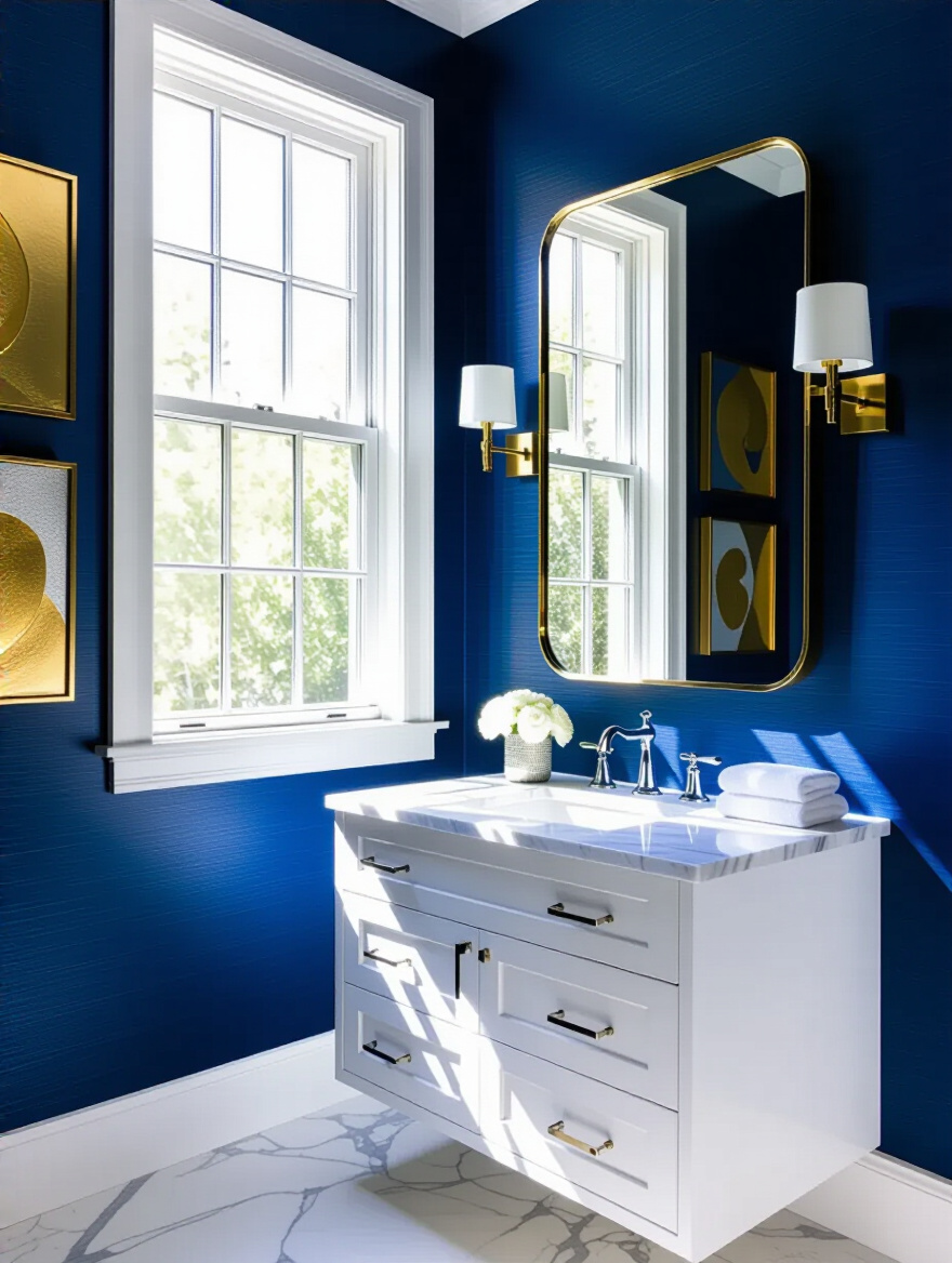 Elegant bathroom with blue wallpaper, a large mirror reflecting light, and wall art