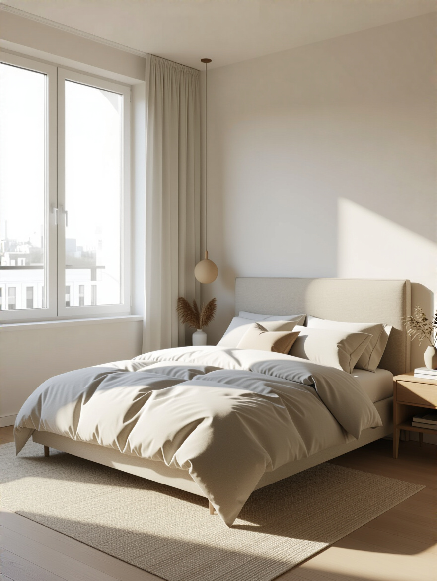 A bright, minimalist small apartment bedroom featuring a bed strategically placed against a solid wall to maximize natural light from a window and create excellent room flow with clear pathways.
