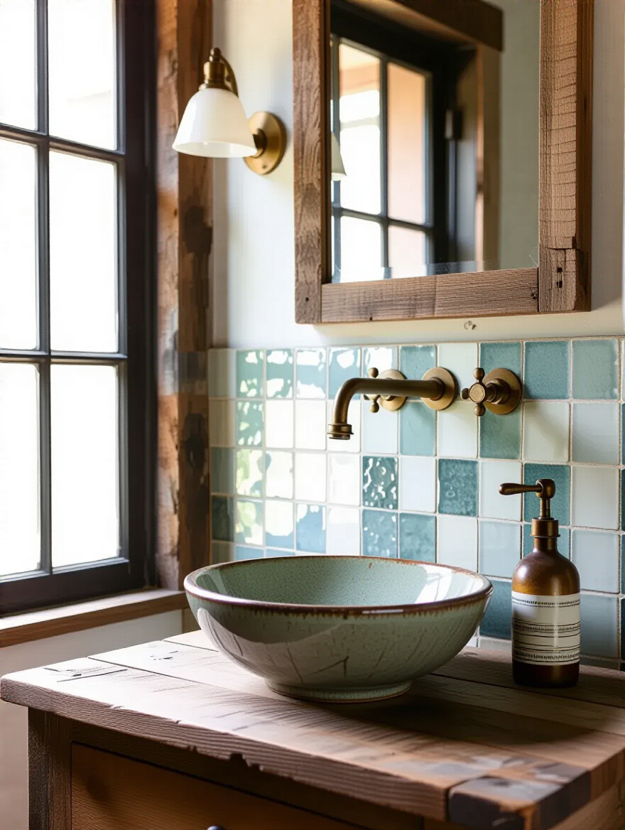 Vertical shot of salvaged bathroom materials: reclaimed vanity, vintage faucet, and reclaimed tile in warm light