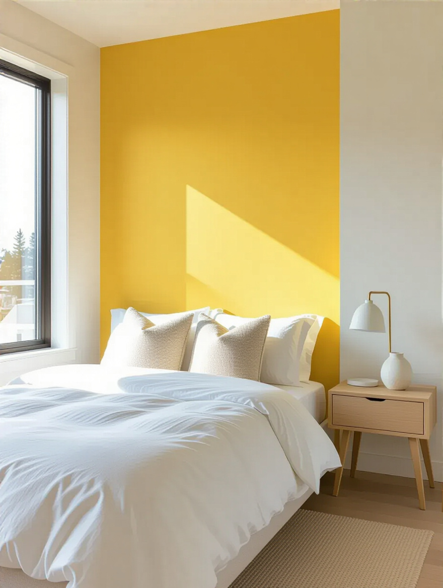 Modern bedroom with a buttery yellow accent wall behind the bed, showing strategic yellow distribution. Light gray side walls, white bedding, natural wood nightstand, and bright natural light.