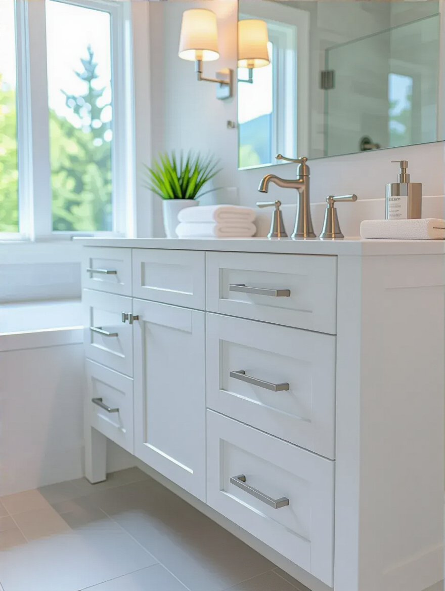 Modern bathroom vanity with new cabinet pulls and faucet handles