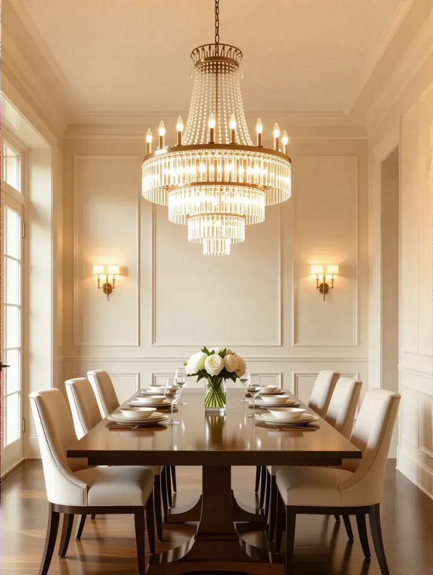 Elegant dining room with a chandelier casting a warm light (around 2700K), showcasing perfectly harmonized light color temperature to create a cozy, inviting mood for dining.