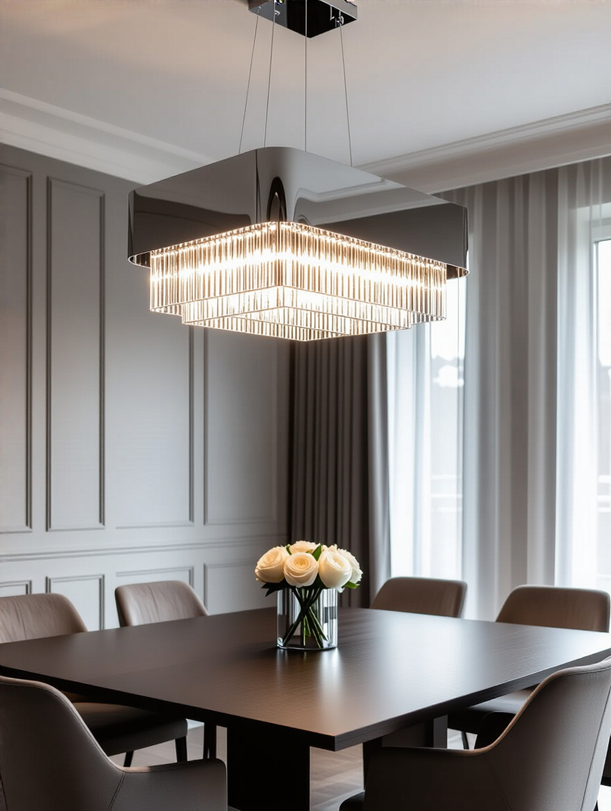 A modern dining room featuring a sleek polished chrome chandelier perfectly matched with contemporary furniture and decor, illustrating cohesive chandelier material selection.