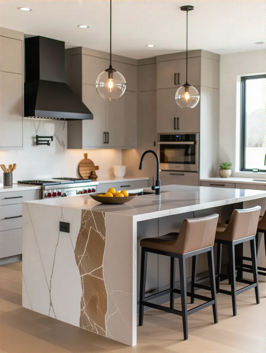 Portrait view of a contemporary kitchen with a dramatic statement kitchen island as the focal point