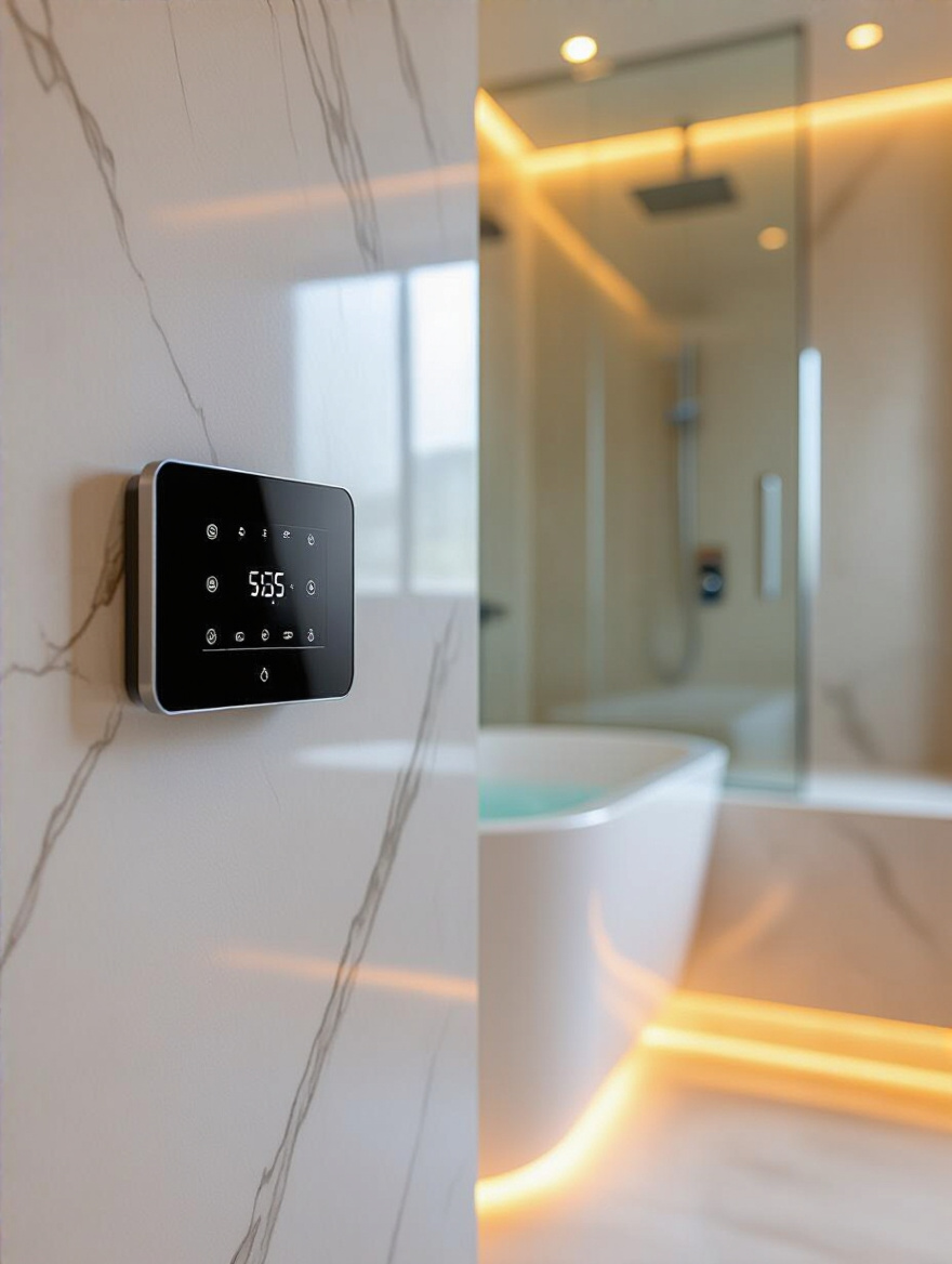 Luxury bathroom with wall-mounted smart climate control panel