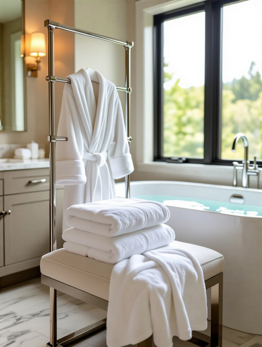 Luxurious bathroom with plush towels on a rack and a robe draped nearby