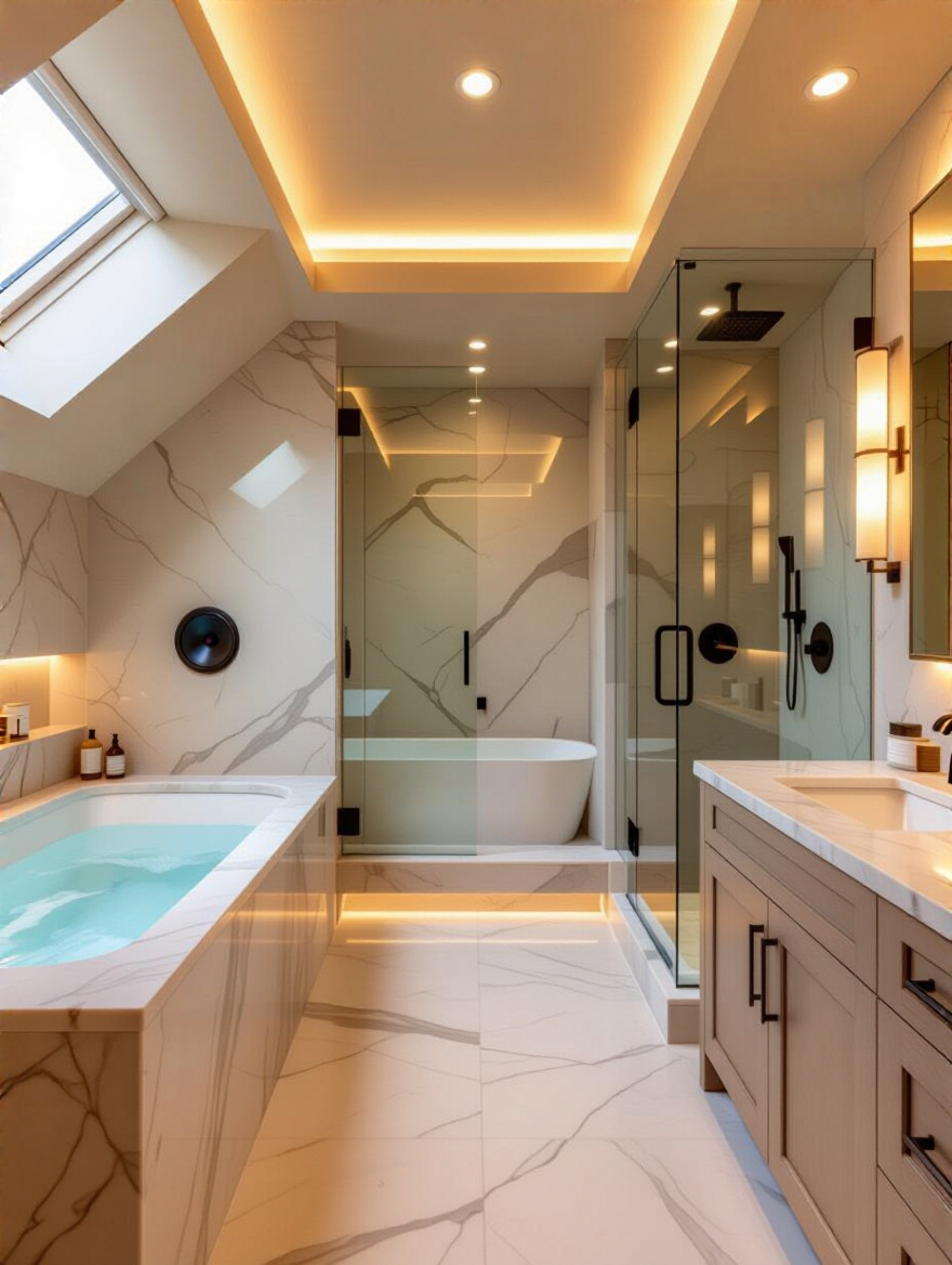 Luxurious bathroom with discreet built-in speakers integrated into ceiling/walls