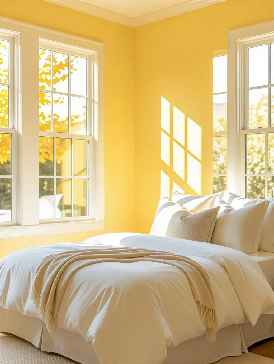A serene bedroom featuring walls painted in a warm, buttery yellow, creating a bright and inviting atmosphere with white linens and natural light.