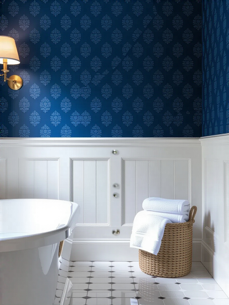 Portrait view of a blue bathroom wallpaper wall with seamless seams and a flawless finish.