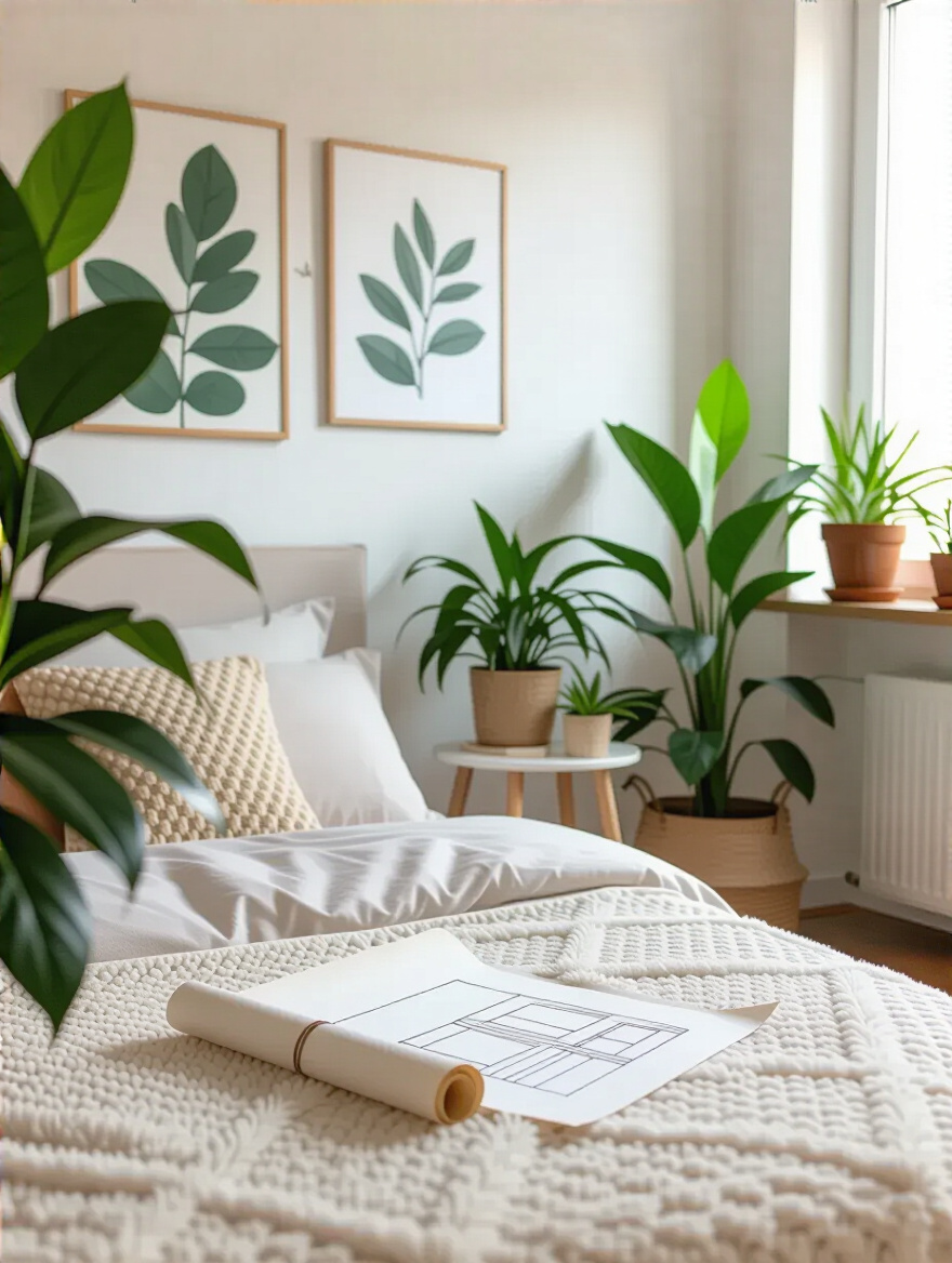 A beautifully styled apartment bedroom featuring an unpainted accent wall and a subtly placed stylized lease scroll, symbolizing the importance of understanding apartment lease restrictions before making decor changes.