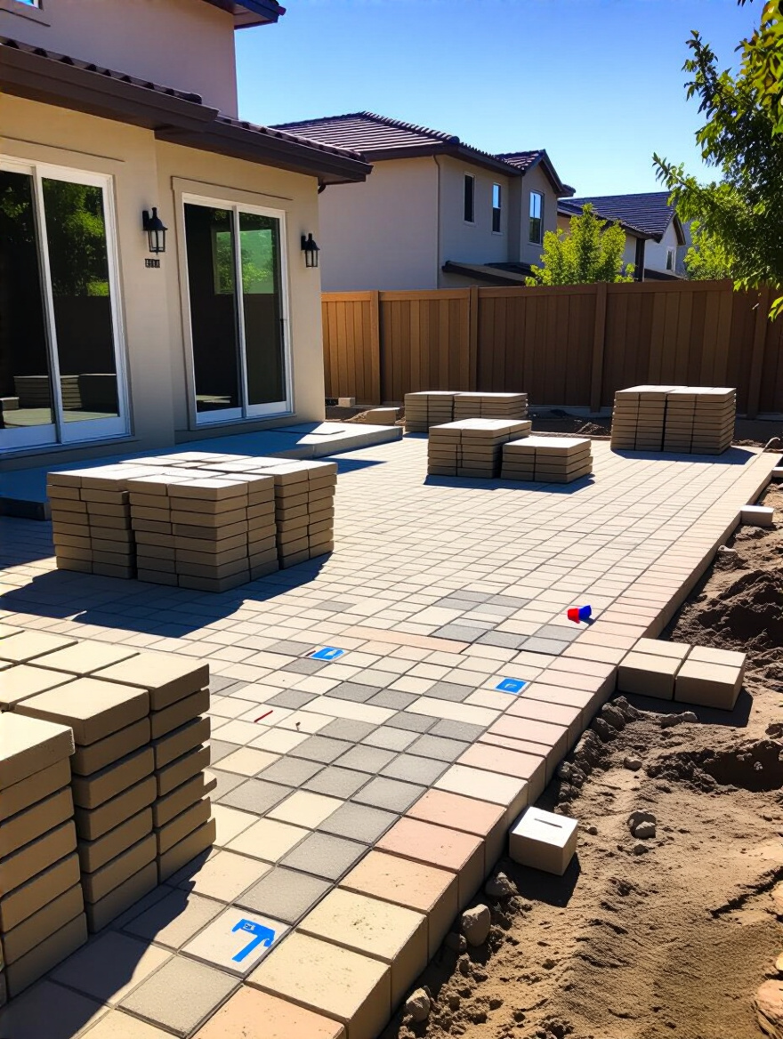 An organized backyard patio construction site with marked property lines and materials, symbolizing careful planning and adherence to local zoning laws and permit requirements.