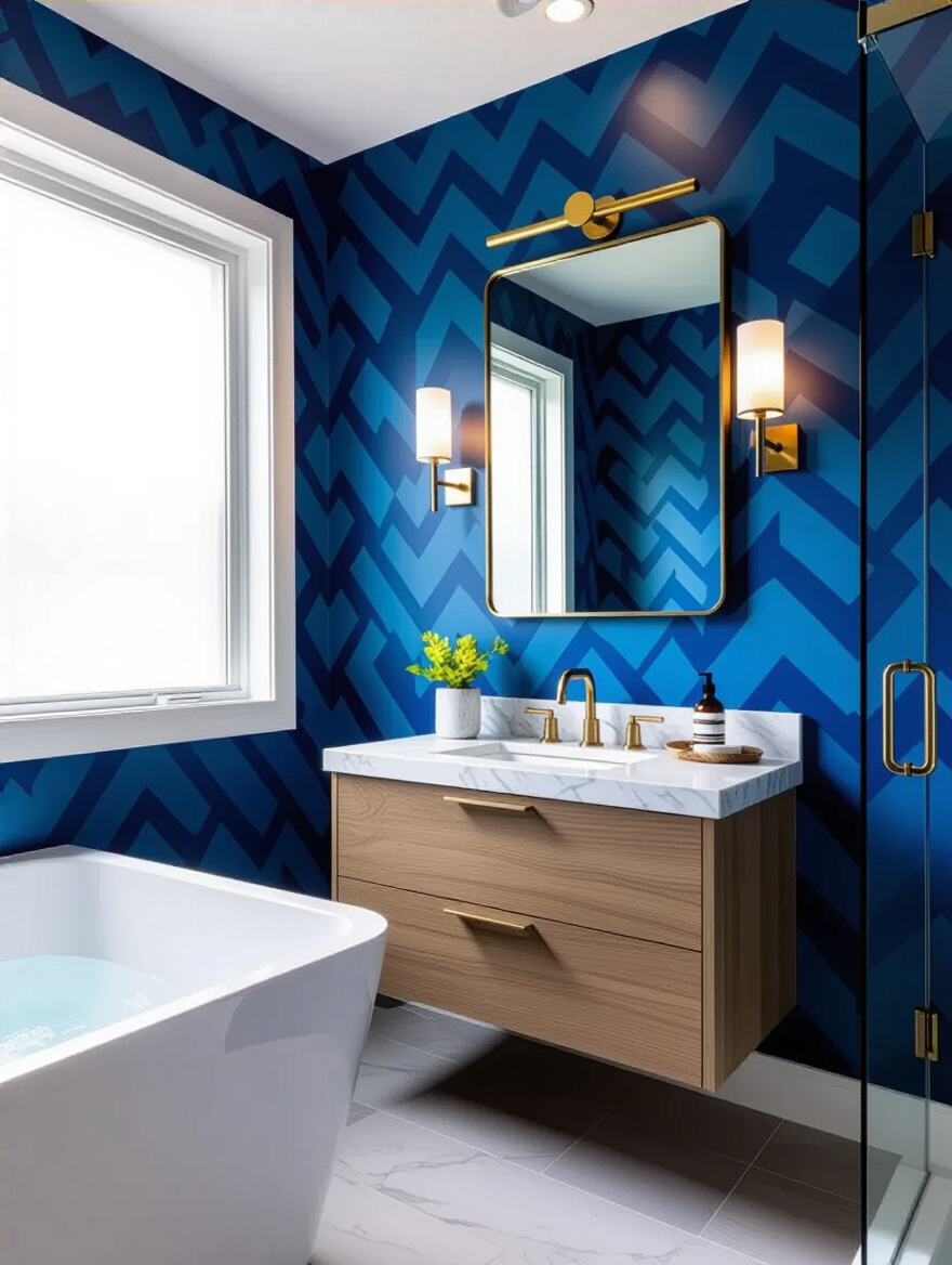 Modern bathroom with blue wallpaper showing wallpaper textures and application methods
