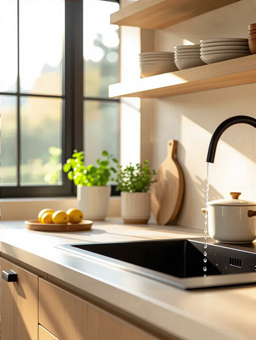Portrait of sealed porous backsplash in a modern kitchen