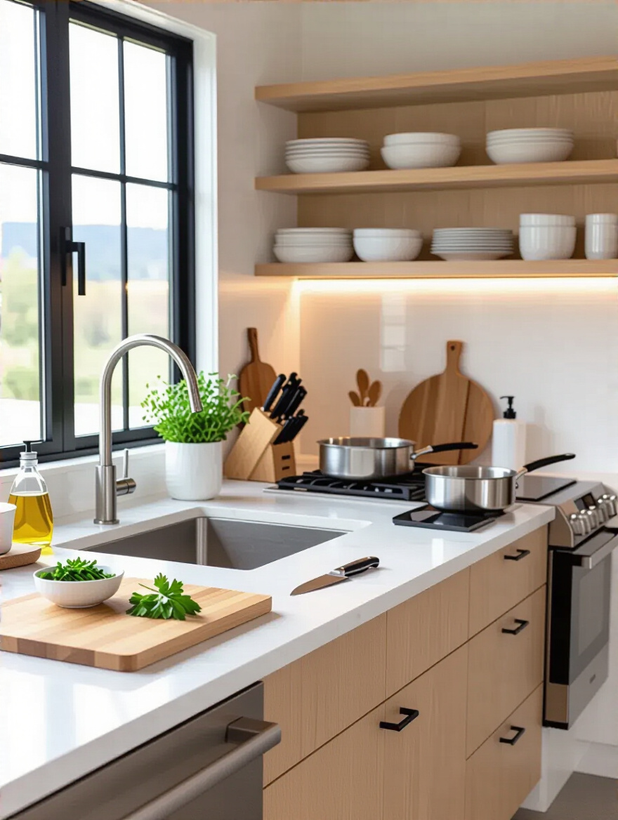 Portrait of a modern kitchen with clearly defined prep, cooking, and cleaning countertop zones