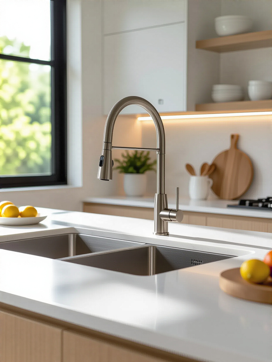 Sleek modern faucet and sink fixtures in a stylish kitchen